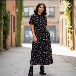NIRVANA Black Floral Midi Dress